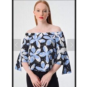 Armani Exchange Womens Floral Off The Shoulder Bell Sleeve Blouse Blue Black S